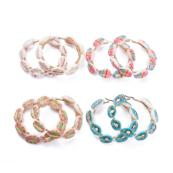 

PandaHall 304 Stainless Steel Hoop Earrings, with Printed Cowrie Shell Beads and Eco-Friendly Copper Wire, Golden, Mixed Color, 74x16mm, Pin..., Multicolor