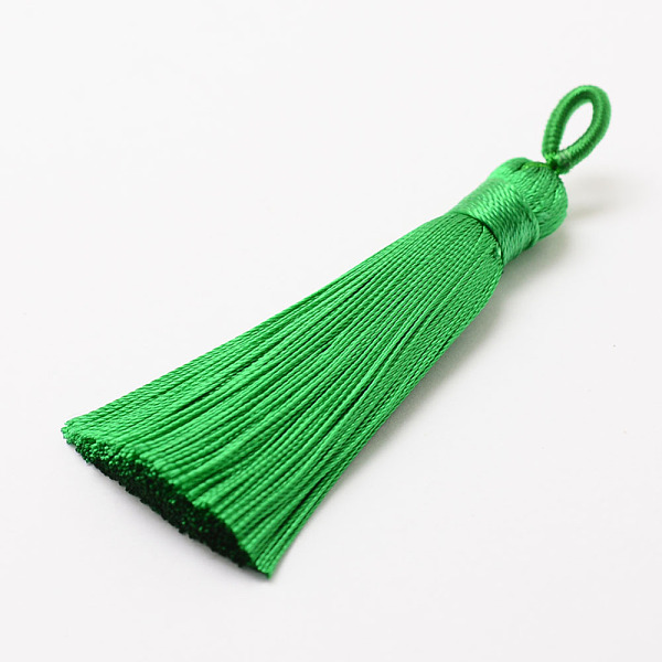 

PandaHall Polyester Tassel Big Pendant Decorations, Ice Silk Tassel, Lime Green, 60~67x8mm, Hole: 5x7mm Polyester Green