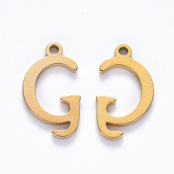 PandaHall Vacuum Plating 201 Stainless Steel Charms, Laser Cut, Golden, Letter. G, 13x7.5x1mm, Hole: 1mm 201 Stainless Steel Letter G