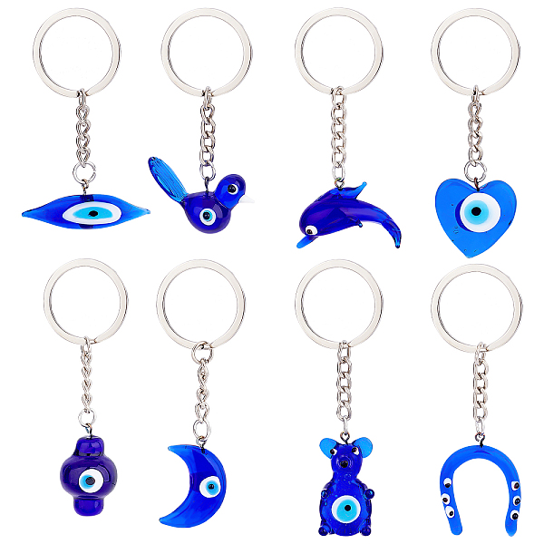 

PandaHall 8Pcs 8 Style Glass Keychains, with Platinum Iron Findings, Mixed Shapes, Blue, 7~10cm, 1pc/style Glass Eye Blue