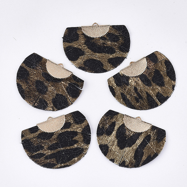 

PandaHall Eco-Friendly Cowhide Leather Pendants, with Brass Findings, Fan with Leopard Print, Light Gold, Camel, 38x47x3.5mm, Hole: 3x1.5mm..., Brown