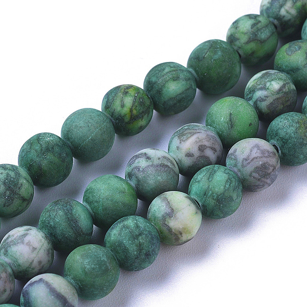 

PandaHall Natural China Silver Leaf Jasper Beads Strands, Dyed & Heated, Frosted, Round, Green, 6.5mm, Hole: 0.5mm, about 58pcs/strand...