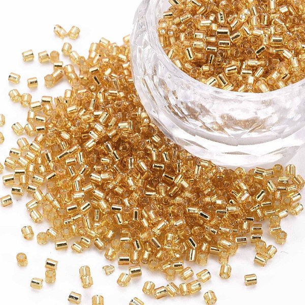 

PandaHall Glass Bugle Beads, Silver Lined, Gold, 1.8~2.2x1.8~2mm, Hole: 0.8~0.9mm, about 15000pcs/pound Glass Gold