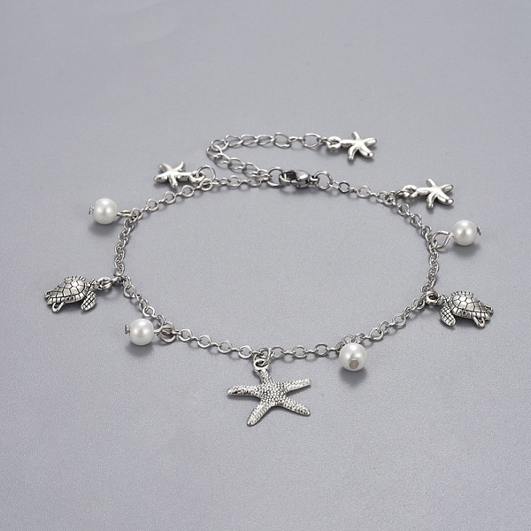 

PandaHall Brass Charm Anklets, with Glass Pearl, Alloy Charms and Stainless Steel Findings, Ocean Theme, White, 9-1/8 inch(23.2cm)...