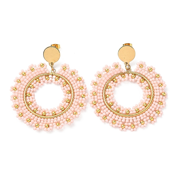 

PandaHall Woven Glass & Brass Beaded Donut Dangle Stud Earrings, with Vacuum Plating 304 Stainless Steel Pins, Misty Rose, 60x49mm Brass...