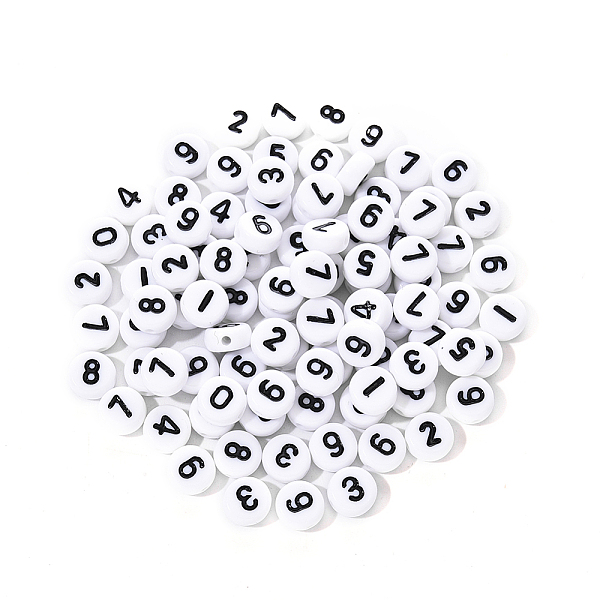 

PandaHall White Opaque Acrylic Beads, Flat Round with Black Number, 7x3.5mm, Hole: 1.2mm, about 100pcs/bag. Acrylic Flat Round White