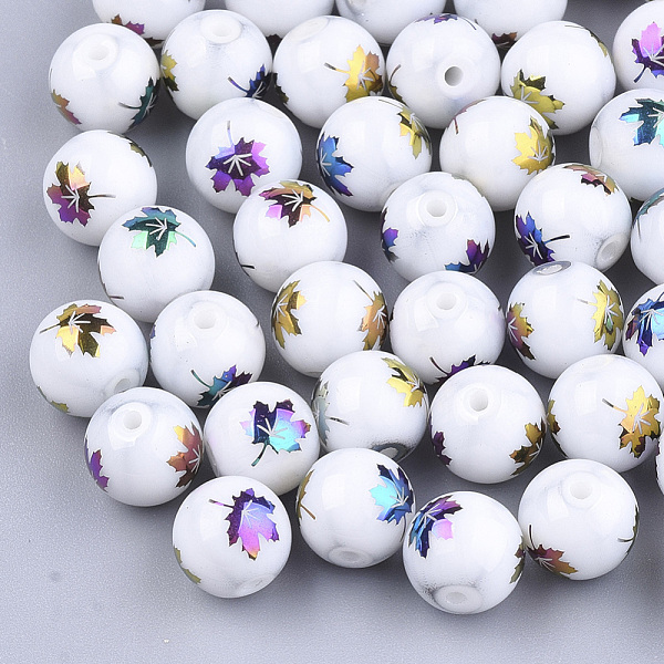 

PandaHall Autumn Theme Electroplate Glass Beads, Round with Maple Leaf Pattern, Colorful, 8~8.5mm, Hole: 1.5mm Glass Leaf