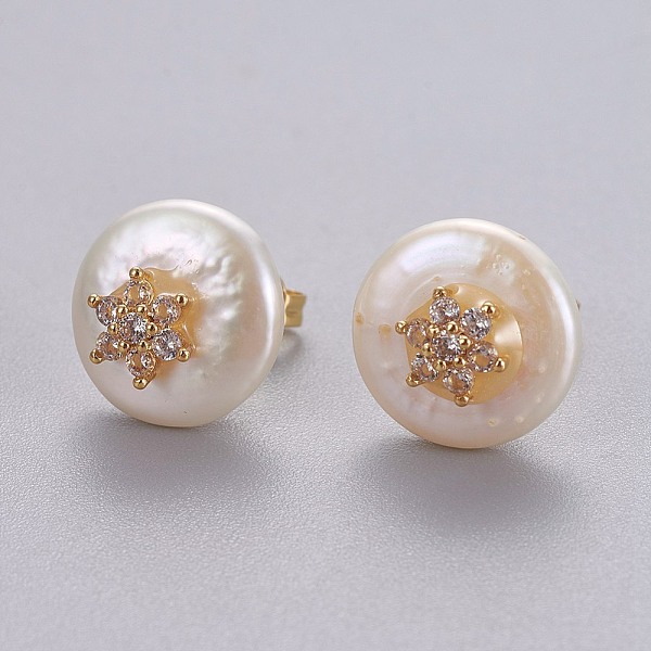 

PandaHall Natural Pearl Stud Earrings, with Brass Micro Pave Cubic Zirconia Findings, Flat Round with Flower, Long-Lasting Plated, with Ear..., Clear
