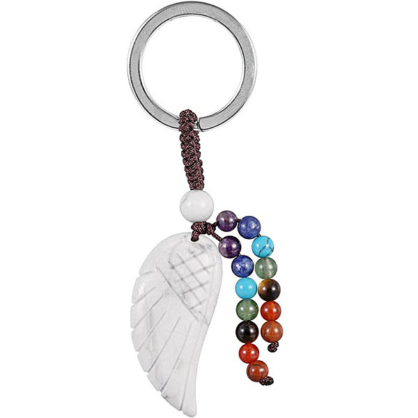 

PandaHall 7 Chakra Natural Howlite Wing Pendant Keychain, with Platinum Tone Alloy Key Rings and Gemstone Round Beads, 7.6~8cm Howlite Wing