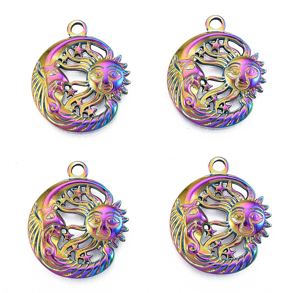 

PandaHall Ion Plating(IP) 201 Stainless Steel Pendants, Moon with Sun, Rainbow Color, 23.5x20x2.5mm, Hole: 2mm 201 Stainless Steel Moon