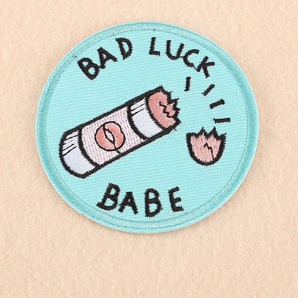 PandaHall Computerized Embroidery Cloth Iron on/Sew on Patches, Costume Accessories, Appliques, Flat Round with Word, Cyan, 70mm Cloth Flat...