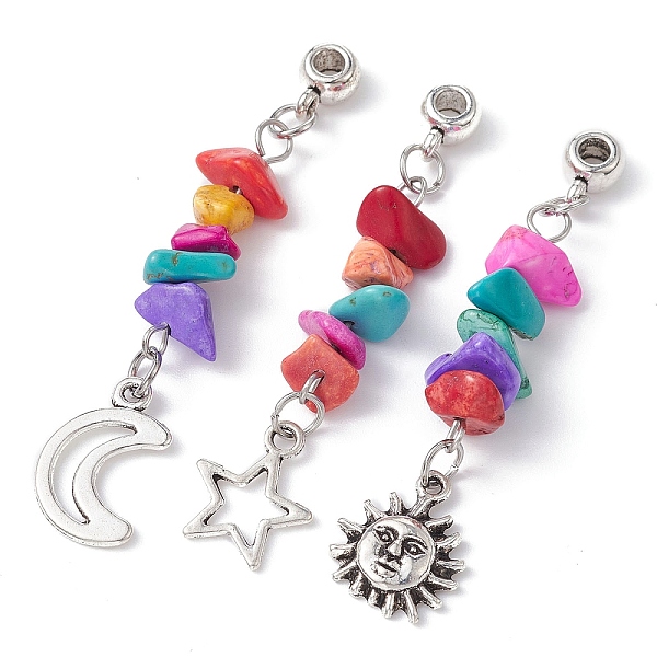 

PandaHall Dyed Synthetic Turquoise Chip Pendants, with Alloy Charms, Moon/Star/Sun, Mixed Color, 55.5~57mm, Hole: 3mm, 3pcs/set. Turquoise..., Multicolor