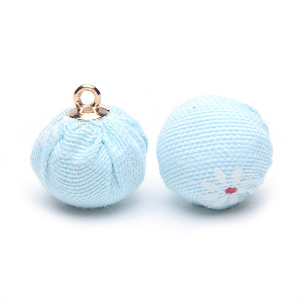 

PandaHall Handmade Cloth Fabric Covered Pendants, with Alloy Findings, Round with Flower, Golden, Pale Turquoise, 16~17x13.5~14mm, Hole..., Cyan