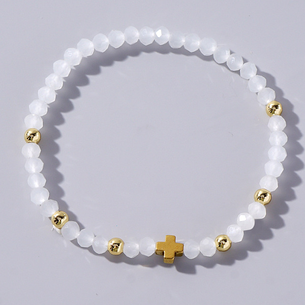 

PandaHall Handmade Faceted Seed Beaded Stretch Bracelets, Cross Bracelets for Women Men, White Glass Cross