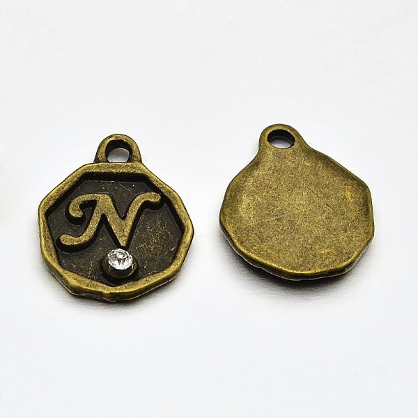 

PandaHall Antique Bronze Plated Alloy Rhinestone Charms, Flat Round with Letter.N, Nickel Free, 13x10x1.5mm, Hole: 1mm Alloy+Rhinestone..., Clear