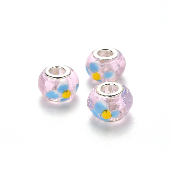 

PandaHall Handmade Lampwork European Beads, Large Hole Rondelle Beads, with Platinum Tone Brass Double Cores, Light Sky Blue...