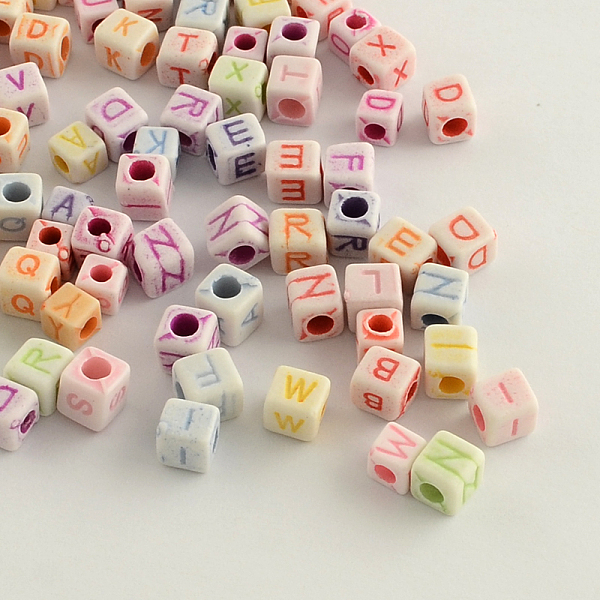 

PandaHall Craft Style Horizontal Hole Acrylic Beads, Cube with Initial, Mixed Letters, Mixed Color, 6x6x6mm, Hole: 3.5mm, about 2500pcs/500g..., Multicolor