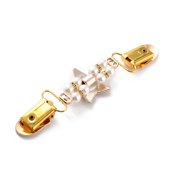 

PandaHall Vintage Alloy with Rhinestone Cardigan Clips, Sweater Collar Clips, with Enamel and Acrylic Pearl Beads, Star, Golden, Pink, 130mm...