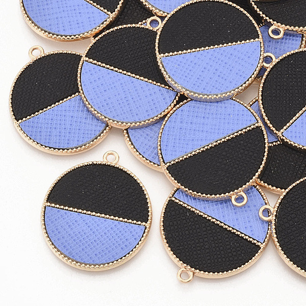 

PandaHall Eco-Friendly Cowhide Leather Pendants, with Golden Plated Alloy Cabochon Settings, Two Tone, Flat Round, Black, 33x28.5x2mm, Hole...