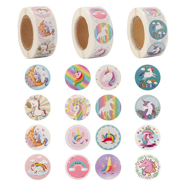 PandaHall 6 Rolls 3 Style Flat Round Unicorn Pattern Tag Stickers, Self-Adhesive Paper Gift Tag Stickers, for Party Decorative Presents...
