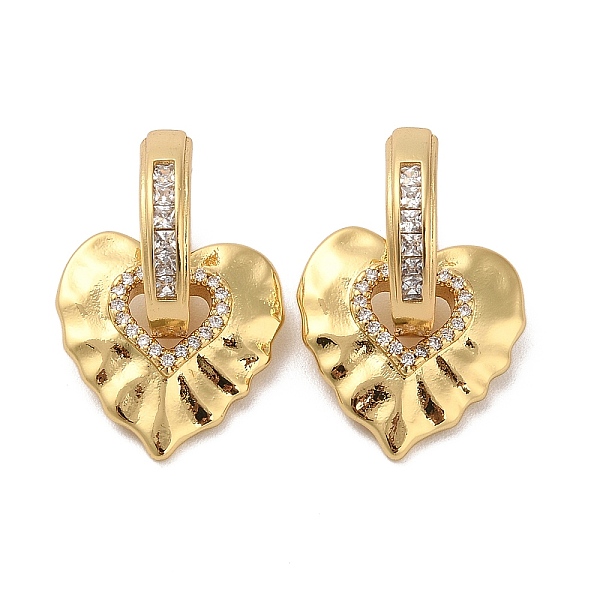 

PandaHall Brass Micro Pave Cubic Zirconia Dangle Hoop Earrings, Heart, Real 18K Gold Plated, 31x21mm Brass Heart Clear
