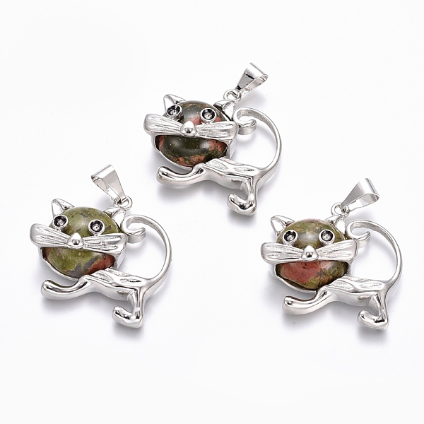 

PandaHall Natural Unakite Kitten Pendants, with Platinum Tone Brass Findings, Cartoon Cat Shape, 28x30x9mm, Hole: 5x7mm Unakite Cat Shape