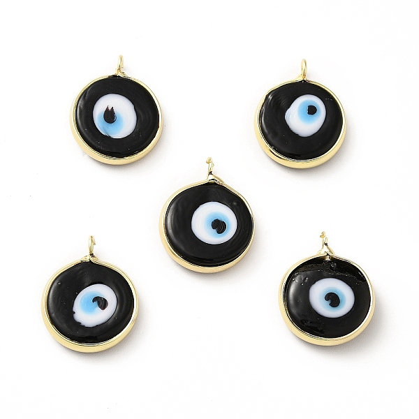 

PandaHall Handmade Evil Eye Lampwork Pendants, with Rack Plating Brass Findings, Long-Lasting Plated, Flat Round, Black, 18~19x15~16x4mm...