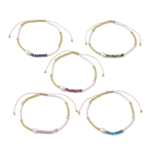

PandaHall 5Pcs Natural Gemstone Beaded Bracelets, with Seed Beads and Pearl Beads, Inner Diameter: 5.3~8.35cm Mixed Stone
