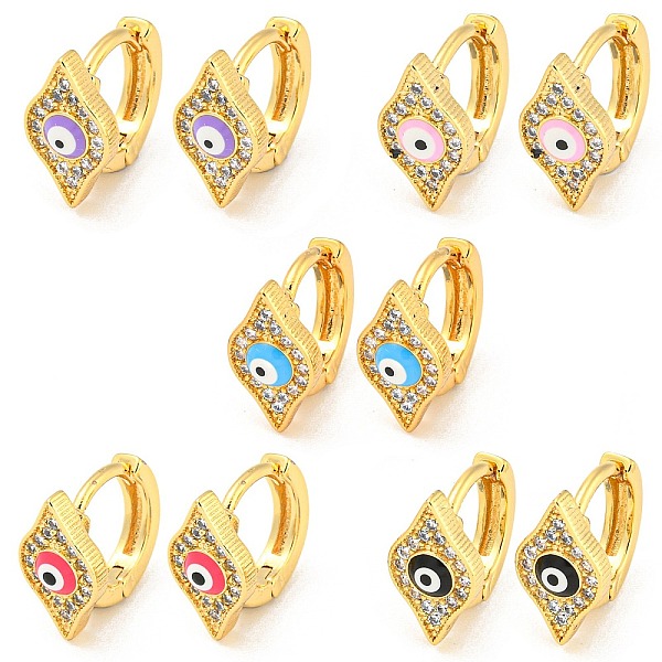 

PandaHall Rhombus with Evil Eye Real 18K Gold Plated Brass Hoop Earrings, with Enamel and Clear Cubic Zirconia, Mixed Color, 12x7mm Cubic..., Multicolor