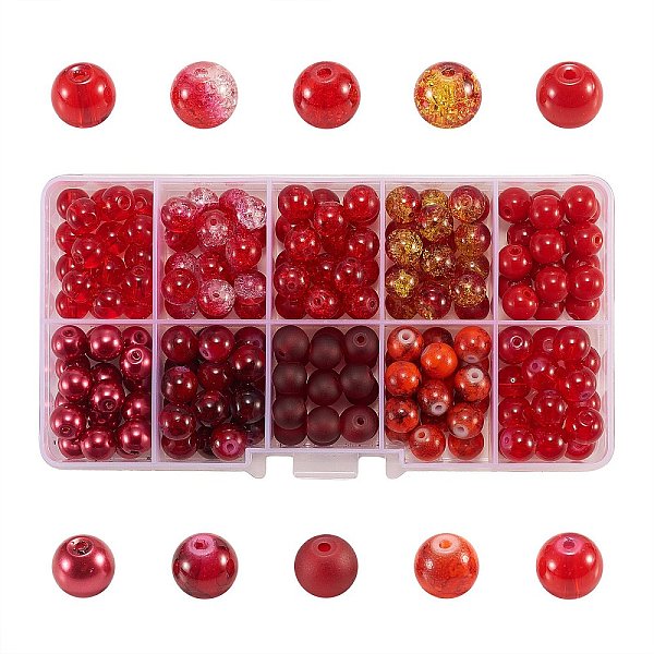 PandaHall 200Pcs 10 Styles DIY Glass Round Beads Sets, Red, 8mm, Hole: 1mm, 20pcs/style Glass Round Red