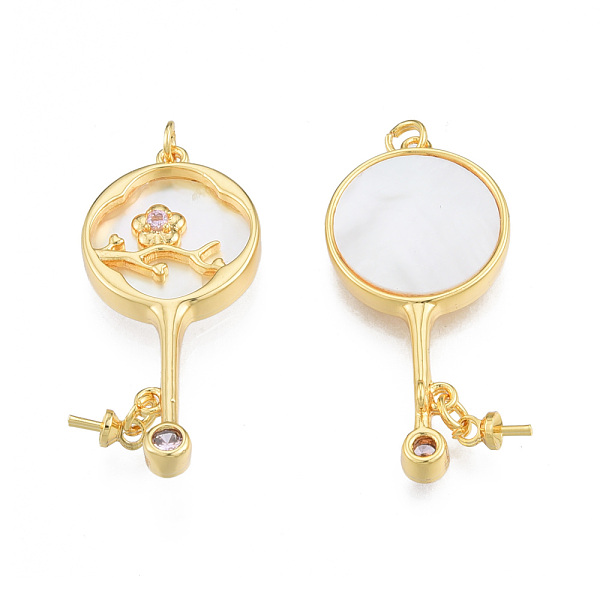 

PandaHall Brass Micro Pave Cubic Zirconia Peg Bails Pendant, with Shell and Jump Rings, Flat Round with Plum Blossom, Real 18K Gold Plated...