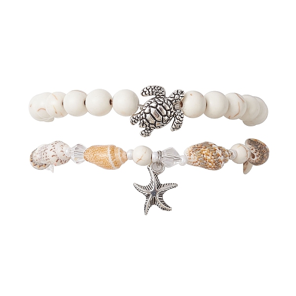 

PandaHall 2Pcs 2 Style Synthetic Howlite & Glass & Shell Stretch Bracelets with Tortoise, Stackable Bracelets with Alloy Starfish Charms...