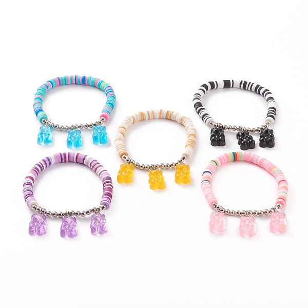 

PandaHall Polymer Clay Heishi Beads Stretch Charm Bracelets, with Platinum Plated Iron Round Beads and Resin Bear Pendants, Mixed Color..., Multicolor