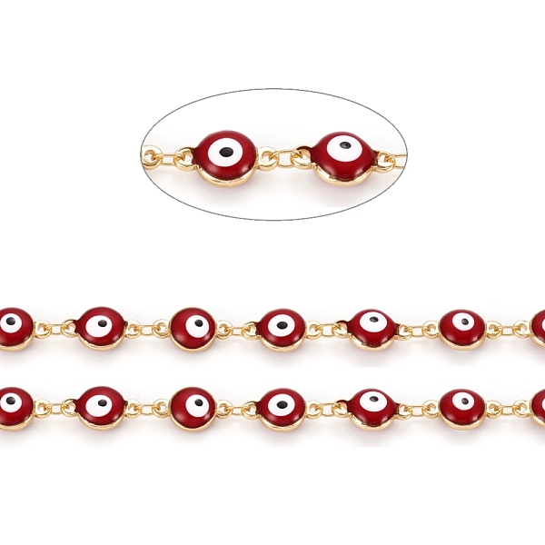 

PandaHall Handmade Brass Link Chains, with Enamel and Spool, Soldered, Long-Lasting Plated, Real 18K Gold Plated Flat Round with Evil Eye..., Red
