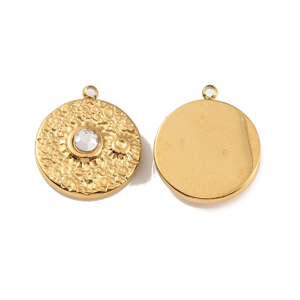 

PandaHall Ion Plating(IP) 304 Stainless Steel Pendants, with Rhinestone, Flat Round with Sun, Real 18K Gold Plated, 14x12x3mm, Hole: 1mm..., Clear