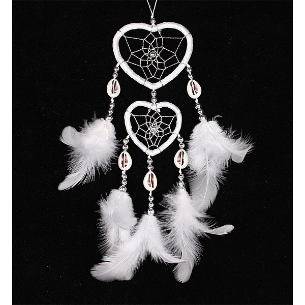 

PandaHall Feather Pendant Decoration with Natural Shell Beaded, Woven Net/Web with Feather, Art Hanging Decors for Garden Window Party..., White