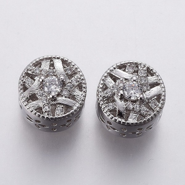 

PandaHall Brass Micro Pave Cubic Zirconia European Beads, Large Hole Beads, Hollow, Flat Round, Clear, Platinum, 11x10mm, Hole: 4.5mm...