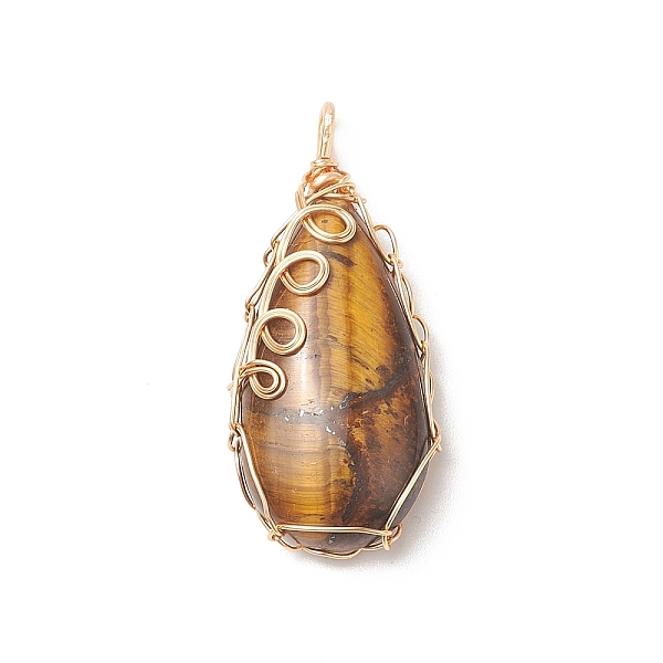 

PandaHall Natural Tiger Eye Copper Wire Wrapped Pendants, Teardrop Charms, Golden, 36x17x8mm, Hole: 3x2mm Tiger Eye Teardrop