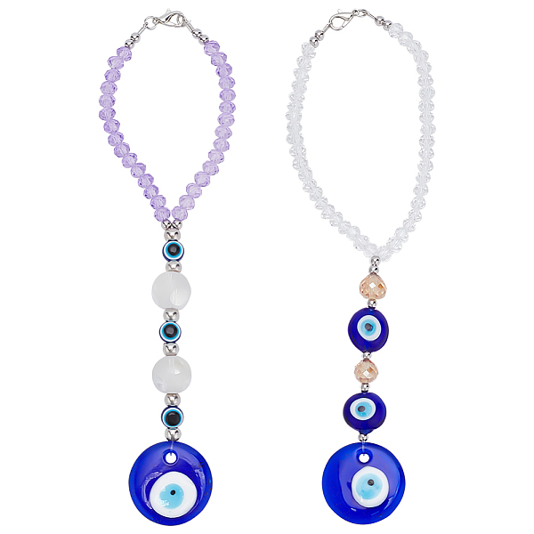 

PandaHall AHADEMAKER 2Pcs 2 Style Glass Beaded Turkish Blue Evil Eye Hanging Pendant, for Car Home Decoration, Flat Round & Round, Mixed..., Multicolor