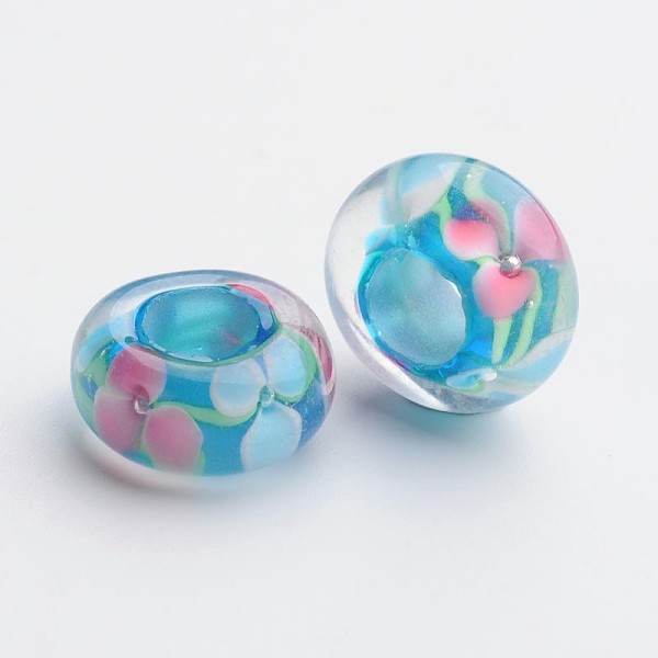 

PandaHall Handmade Lampwork European Rondelle Large Hole Beads, No Metal Core, Sky Blue, 14.5x7mm, Hole: 5.5mm Lampwork Rondelle Blue