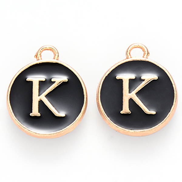 

PandaHall Golden Plated Alloy Charms, Cadmium Free & Lead Free, with Enamel, Enamelled Sequins, Flat Round with Letter, Black, Letter.K...