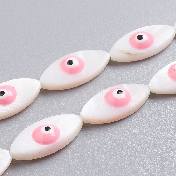 

PandaHall Natural Shell Beads Strands, with Enamel, Horse Eye with Evil Eye, Pink, 17~18x8x5mm, Hole: 0.6mm, about 22pcs/strand, 16.14 inch...