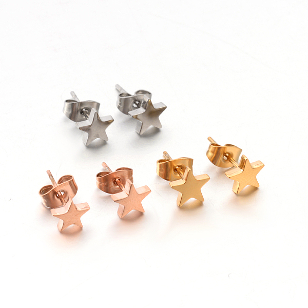 

PandaHall 304 Stainless Steel Ear Studs, Hypoallergenic Earrings, Star, Mixed Color, 7x7x1.3mm, Pin: 0.8mm 304 Stainless Steel Star