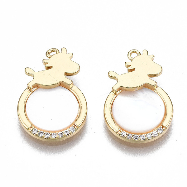 

PandaHall Brass Micro Pave Clear Cubic Zirconia Pendants, with Natural Shell, Nickel Free, Flat Round with Horse, Real 18K Gold Plated...