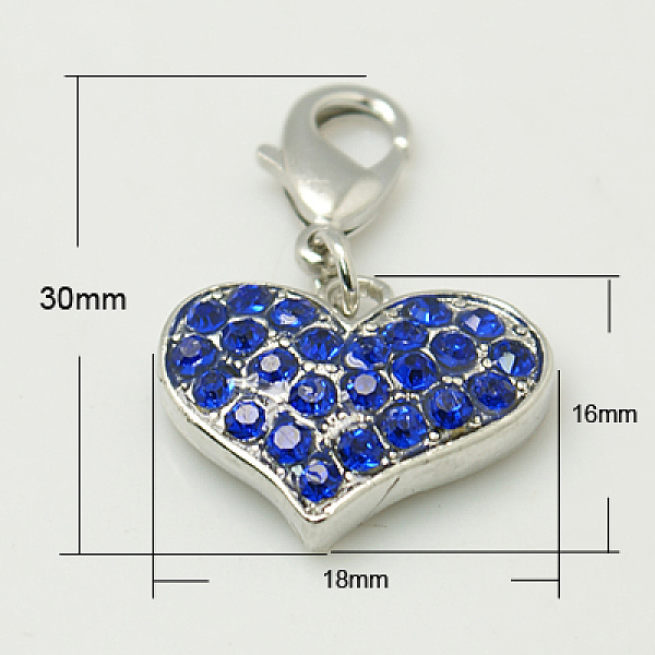 

PandaHall Alloy Rhinestone Pendants, Cadmium Free & Lead Free, Grade A, with Lobster Clasp, Heart, Platinum Metal Color, Sapphire, 30x18x4mm..., Blue