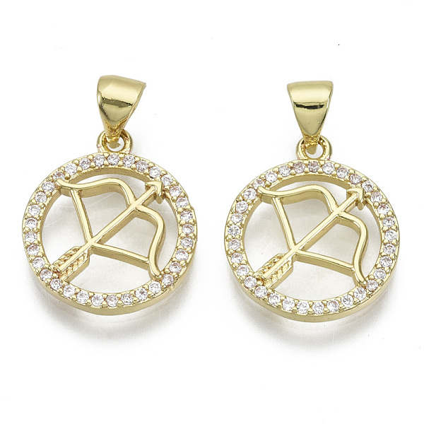 

PandaHall Brass Micro Pave Cubic Zirconia Pendants, Nickel Free, with Snap on Bail, Flat Round with Constellation, Clear, Real 18K Gold...