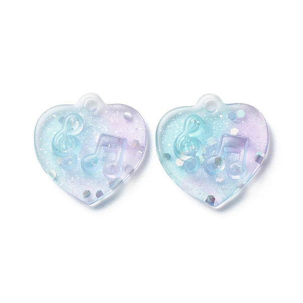 PandaHall Two Tone Transparent Resin Pendants, with Glitter Powder, Heart Charm with Music Note Pattern, Lilac, Sky Blue, 20x20x5mm, Hole...