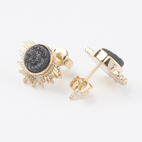 

PandaHall Electroplate Natural Druzy Agate Stud Earrings, with Brass Findings, Sun, Golden, Black, 10x14x3~4mm, Pin: 0.8mm Natural Agate...