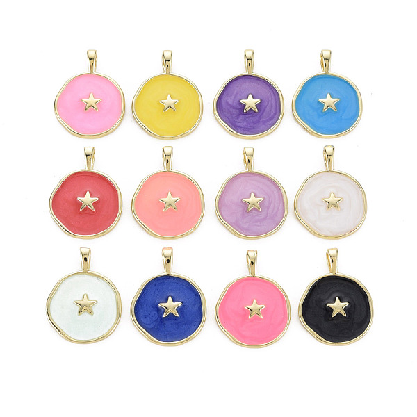 

PandaHall Brass Enamel Pendants, Cadmium Free & Nickel Free & Lead Free, Real 16K Gold Plated, Flat Round with Star, Mixed Color..., Multicolor
