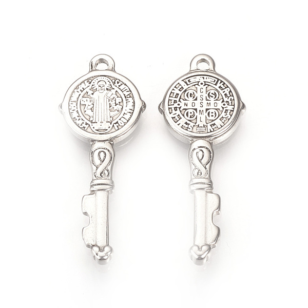 

PandaHall 304 Stainless Steel Pendants, Key with Saint Benedict, Stainless Steel Color, 35x13.5x2.5mm, Hole: 2mm 304 Stainless Steel Key